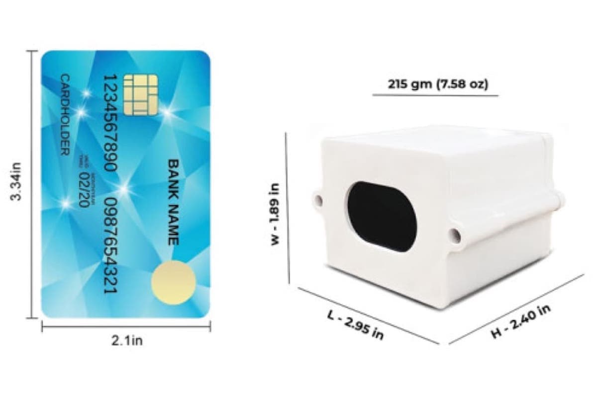 The device's size compared to a credit card (Photo by Holy Micro)